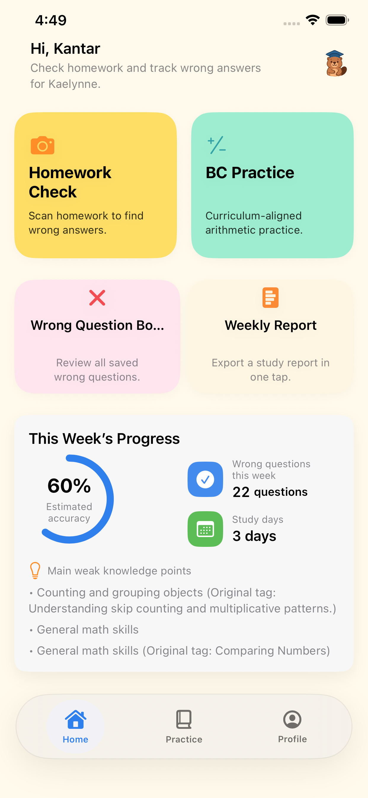 Beaver Academy app screenshot (dashboard). Beaver Academy is an AI-assisted educational tool designed to support learning, not a replacement for teachers or formal instruction.